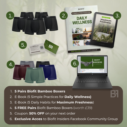 BIOFIT® Heren Bamboe Boxershorts 5-Pack Multicolor + 5 GRATIS: Zijdezacht & Ademend